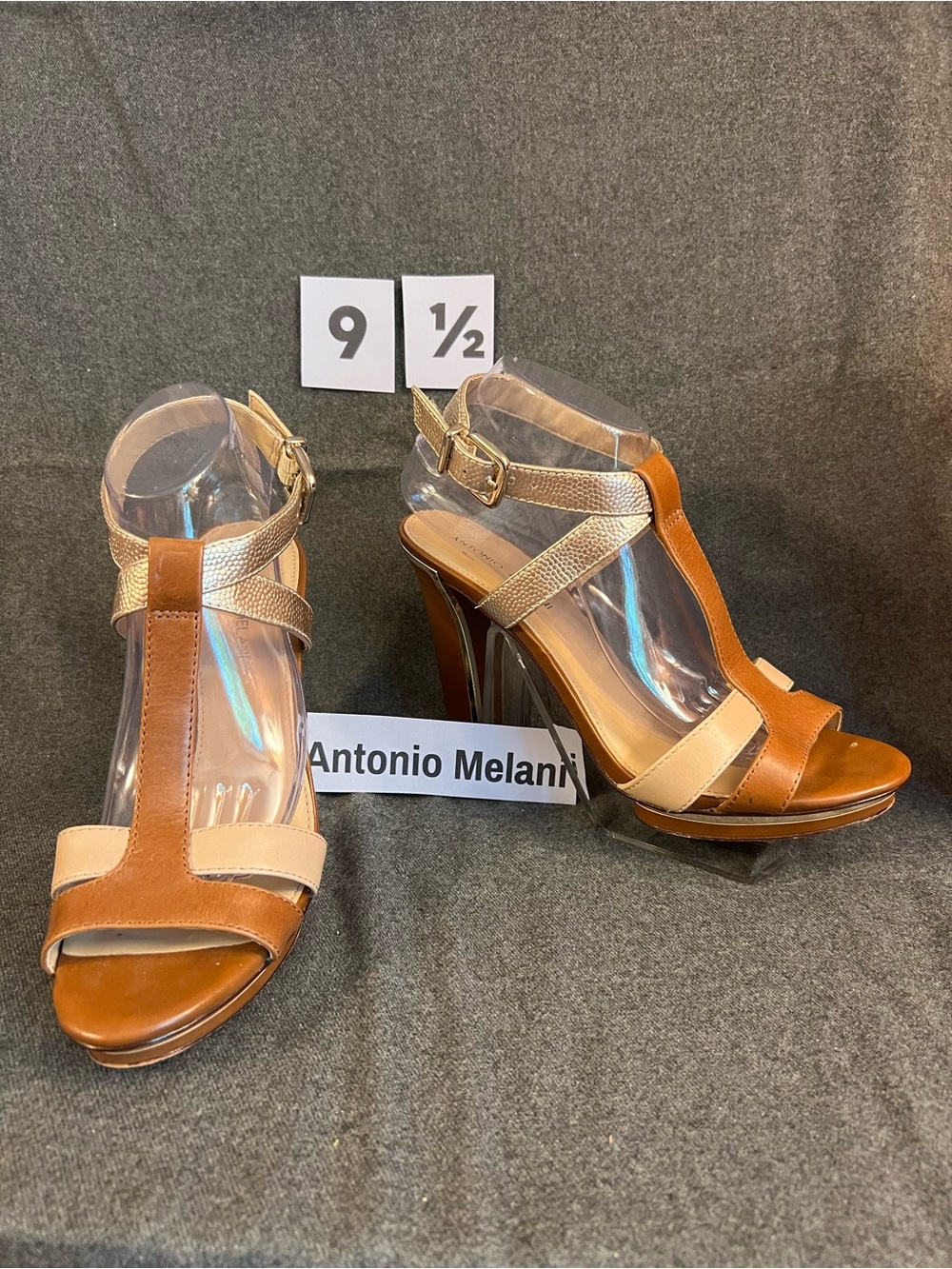ANTONIO MELANI Two-Tone T-Strap High Heels in Tan and Cream with Gold Leather
